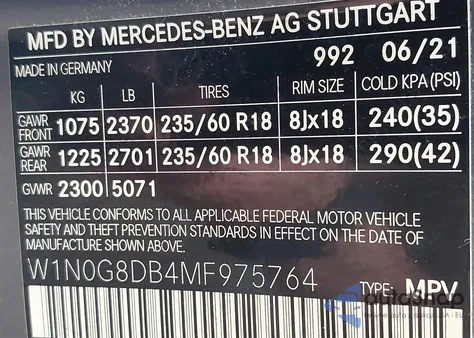 2021 Mercedes-Benz Glc 300 Suv из США, поврежденный, VIN W1N0G8DB4MF975764